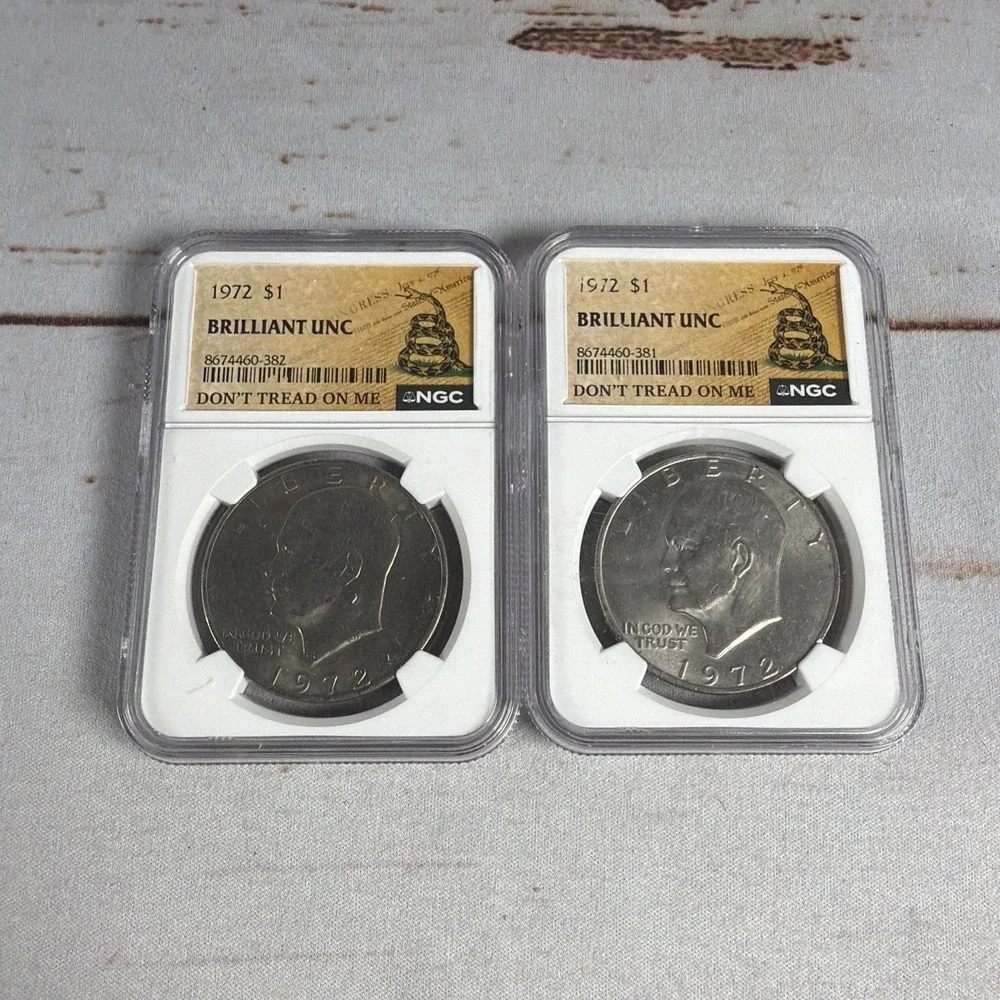 2x 1972 D Eisenhower $1 Coin NGC Brilliant Uncirculated Dont Tread On Me Slab